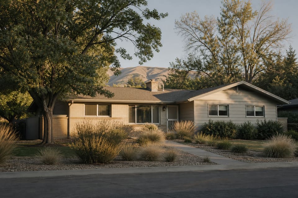 Modest single-story house with a tidy yard in late-afternoon light. Illustrative of a Caldwell-area residential property, not a listed address.